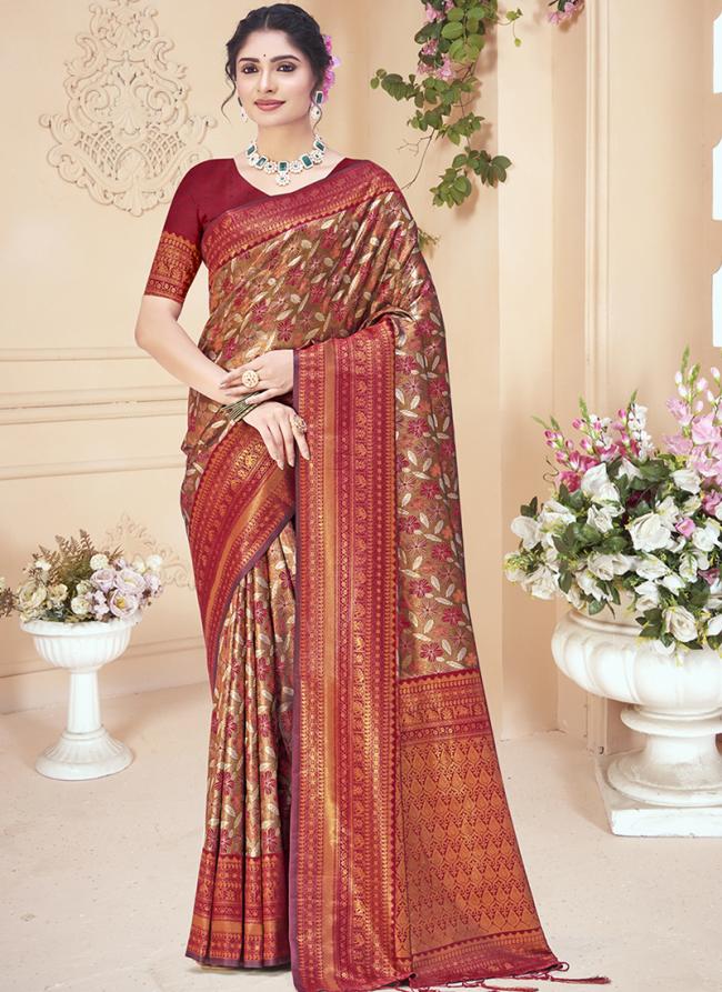 Silk Maroon Festival Wear Printed Saree